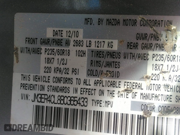 2011 Mazda CX-7 s Touring with VIN JM3ER4CL8B0365433, listed as a IAAI auction lot 41878621 with 132,079 mi miles. Bid and sale history available at carsss.com. Image 9.