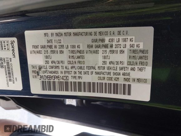 2023 Mazda CX-30 S Select with VIN 3MVDMBBM3PM514030, listed as a IAAI auction lot 42326959 with 41,226 mi miles and . Bid and sale history available at DreamBid. Image 9.