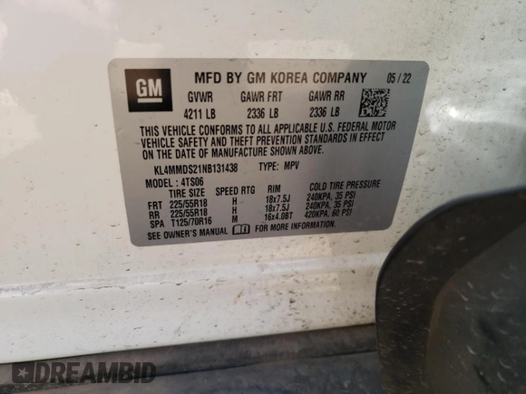 2022 Buick Encore GX Select with VIN KL4MMDS21NB131438, listed as a Copart auction lot 47560475 with 34,241 mi miles and Salvage title. Bid and sale history available at DreamBid. Image 13.