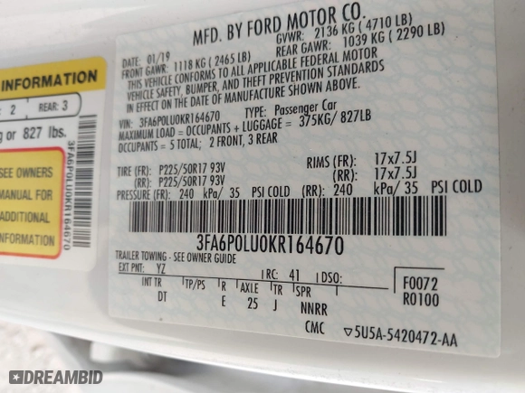 2019 Ford Fusion Hybrid SE with VIN 3FA6P0LU0KR164670, listed as a IAAI auction lot 41811458 with 91,428 mi miles. Bid and sale history available at carsss.com. Image 9.