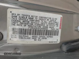 2000 Toyota Camry CE z VIN JT2BG22K9Y0458526, wystawiony jako IAAI lot #42289402 z przebiegiem 269 596 mil mil oraz . Historia ofert i sprzedaży dostępna na DreamBid. Obrazek 9.