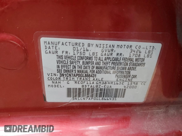 2016 Nissan Versa S Plus with VIN 3N1CN7AP0GL866431, listed as a Copart auction lot 56238035 with 104,687 mi miles and Salvage Title. Bid and sale history available at DreamBid. Image 12.