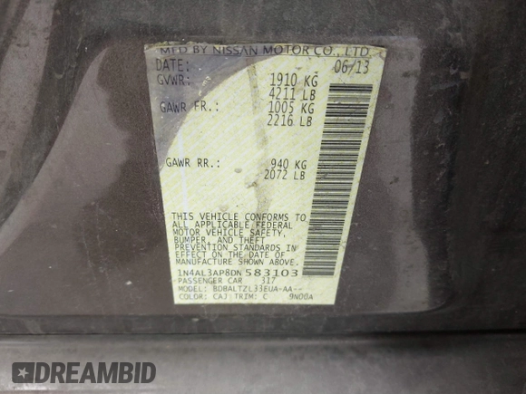 2013 Nissan Altima SV with VIN 1N4AL3AP8DN583103, listed as a IAAI auction lot 41698735 with 183,188 mi miles and . Bid and sale history available at carsss.com. Image 9.