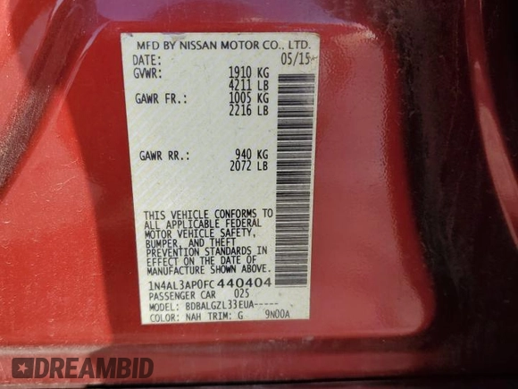 2015 Nissan Altima S with VIN 1N4AL3AP0FC440404, listed as a Copart auction lot 54412495 with 143,939 mi miles and Salvage Title. Bid and sale history available at DreamBid. Image 12.