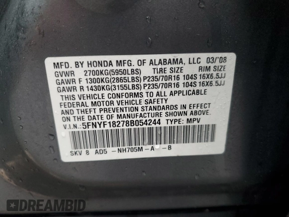 2008 Honda Pilot VP with VIN 5FNYF18278B054244, listed as a Copart auction lot 49612605 with 189,582 mi miles and Salvage Title. Bid and sale history available at DreamBid. Image 13.