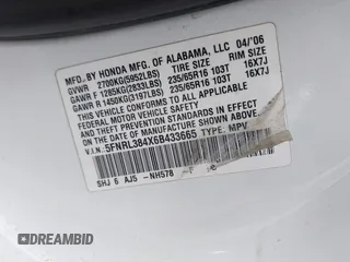 2006 Honda Odyssey EX with VIN 5FNRL384X6B433665, listed as a IAAI auction lot 42027622 with 215,990 mi miles and . Bid and sale history available at DreamBid. Image 9.