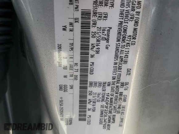 2016 Ford Focus SE with VIN 1FADP3F22GL347920, listed as a Copart auction lot 58447525 with Not provided miles and Salvage title. Bid and sale history available at DreamBid. Image 12.