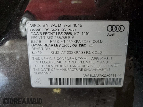 2016 Audi Q5 Premium Plus z VIN WA1L2AFPXGA073344, wystawiony jako Copart lot #55399935 z przebiegiem 81 187 mil mil oraz Nie do naprawy • Non repairable. Historia ofert i sprzedaży dostępna na DreamBid. Obrazek 13.