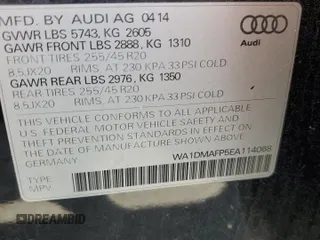 2014 Audi Q5 Premium Plus with VIN WA1DMAFP5EA114068, listed as a Copart auction lot 60199115 with 74,627 mi miles and Salvage title. Bid and sale history available at DreamBid. Image 13.