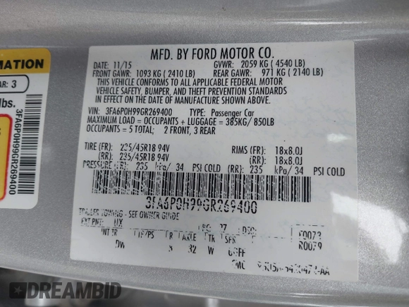2016 Ford Fusion SE with VIN 3FA6P0H99GR269400, listed as a IAAI auction lot 42419619 with 165,719 mi miles and . Bid and sale history available at DreamBid. Image 9.