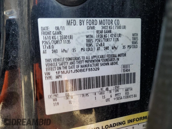 2011 Ford Expedition XLT с VIN 1FMJU1J50BEF55329, выставлен на аукционе Copart как лот 57365405 с пробегом 238 525 миль миль и Чистый • Clean title. История ставок и продаж доступна на DreamBid. Изображение 13.