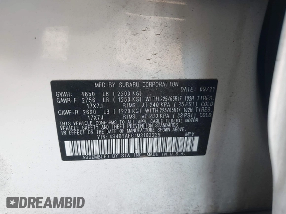 2021 Subaru Outback Premium with VIN 4S4BTAFC1M3103239, listed as a IAAI auction lot 42047668 with 44,740 mi miles and . Bid and sale history available at DreamBid. Image 9.