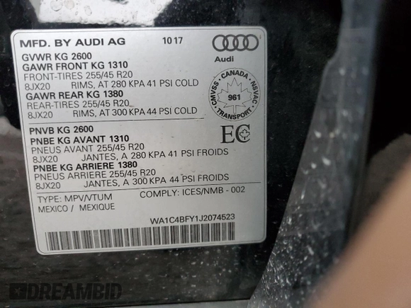 2018 Audi SQ5 with VIN WA1C4BFY1J2074523, listed as a Copart auction lot 84506844 with 125,172 mi miles and Salvage Title. Bid and sale history available at DreamBid. Image 13.
