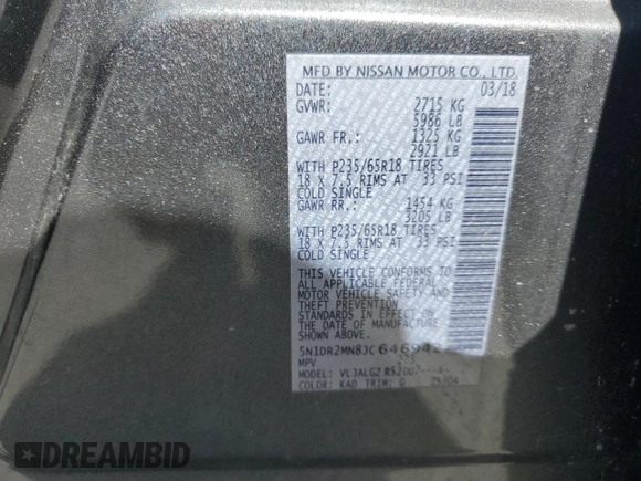 2018 Nissan Pathfinder SL with VIN 5N1DR2MN8JC646942, listed as a Copart auction lot 49348545 with 94,485 mi miles and Salvage Title. Bid and sale history available at carsss.com. Image 15.
