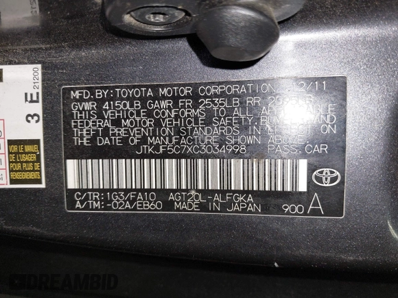 2012 Scion tC with VIN JTKJF5C7XC3034998, listed as a IAAI auction lot 41591632 with 171,121 mi miles. Bid and sale history available at carsss.com. Image 9.