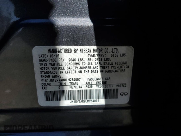 2020 Infiniti Q50 Pure with VIN JN1EV7AR8LM254097, listed as a Copart auction lot 50017965 with 69,758 mi miles and Salvage title. Bid and sale history available at DreamBid. Image 12.