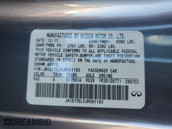 2018 Infiniti Q60 Sport with VIN JN1EV7EL5JM391193, listed as a Copart auction lot 56533725 with 77,368 mi miles and Salvage title. Bid and sale history available at DreamBid. Image 12.