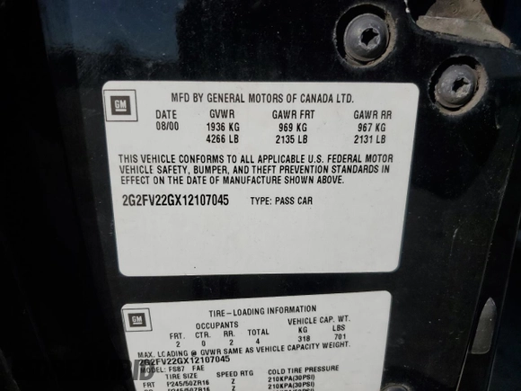 2001 Pontiac Firebird Formula with VIN 2G2FV22GX12107045, listed as a Copart auction lot 88646235 with 165,488 mi miles and Salvage title. Bid and sale history available at DreamBid. Image 13.