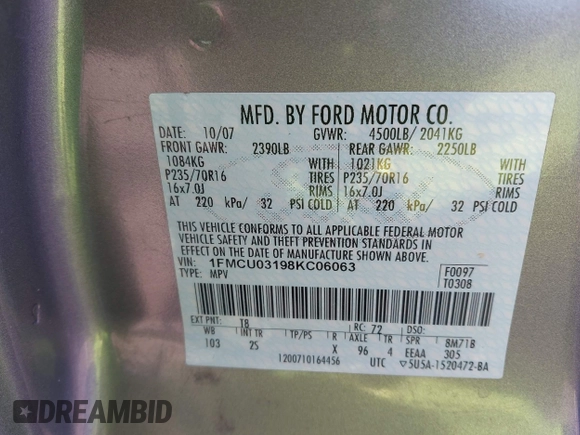 2008 Ford Escape XLT z VIN 1FMCU03198KC06063, wystawiony jako IAAI lot #42672886 z przebiegiem 124 878 mil mil oraz . Historia ofert i sprzedaży dostępna na DreamBid. Obrazek 9.