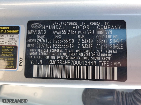 2013 Hyundai Santa Fe Limited with VIN KM8SR4HF7DU013448, listed as a Copart auction lot 47698115 with 113,172 mi miles and Salvage Title. Bid and sale history available at carsss.com. Image 14.