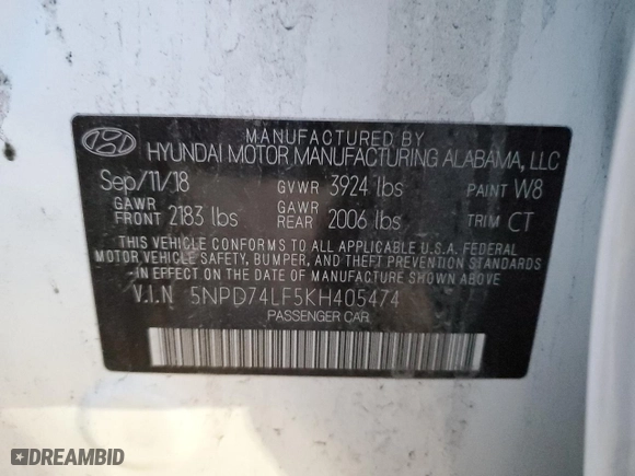 2019 Hyundai Elantra SE with VIN 5NPD74LF5KH405474, listed as a Copart auction lot 42059495 with 183,413 mi miles and Salvage Title. Bid and sale history available at carsss.com. Image 12.