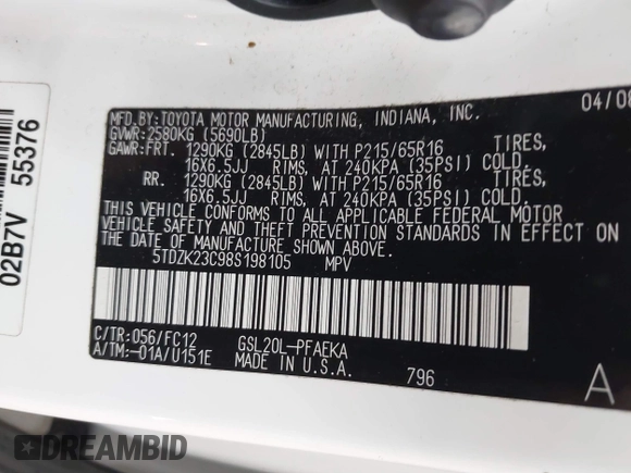 2008 Toyota Sienna with VIN 5TDZK23C98S198105, listed as a IAAI auction lot 41900816 with 165,607 mi miles and . Bid and sale history available at DreamBid. Image 9.