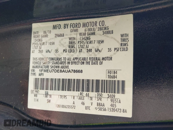 2010 Ford Explorer XLT with VIN 1FMEU7DE8AUA78668, listed as a IAAI auction lot 42035360 with 227,594 mi miles and . Bid and sale history available at DreamBid. Image 9.