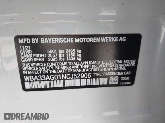 2022 BMW 5 Series 530e xDrive with VIN WBA33AG01NCJ52906, listed as a IAAI auction lot 42686511 with 45,710 mi miles and . Bid and sale history available at DreamBid. Image 9.