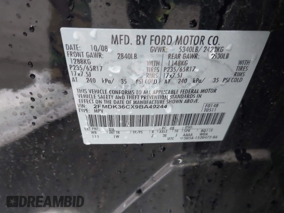 2009 Ford Edge SE with VIN 2FMDK36CX9BA49244, listed as a IAAI auction lot 41916551 with 192,264 mi miles. Bid and sale history available at carsss.com. Image 9.