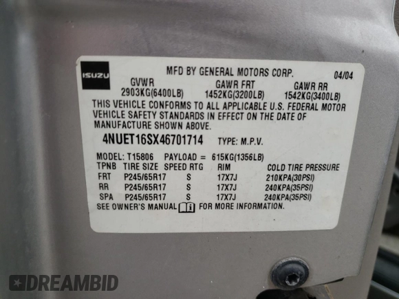 2004 Isuzu Ascender с VIN 4NUET16SX46701714, выставлен на аукционе Copart как лот 67151414 с пробегом 147 068 миль миль и Списание • Salvage title. История ставок и продаж доступна на DreamBid. Изображение 13.