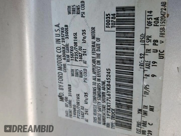 2000 Ford F-150 XL с VIN 1FTRX17L6YKB45245, выставлен на аукционе Copart как лот 62365195 с пробегом 306 210 миль миль и Списание • Salvage title. История ставок и продаж доступна на DreamBid. Изображение 12.