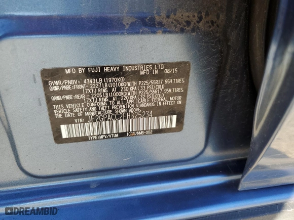 2015 Subaru XV Crosstrek Premium with VIN JF2GPACC2FH325234, listed as a Copart auction lot 66315602 with 107,631 mi miles. Bid and sale history available at carsss.com. Image 10.