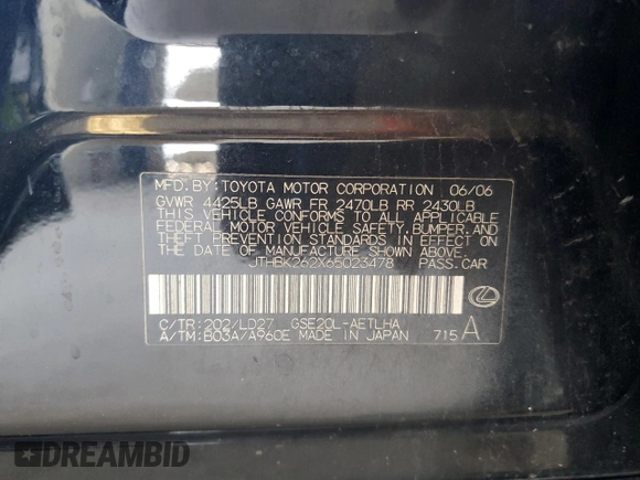 2006 Lexus IS 250 z VIN JTHBK262X65023478, wystawiony jako Copart lot #57980065 z przebiegiem 204 427 mil mil oraz Szkoda całkowita • Salvage title. Historia ofert i sprzedaży dostępna na DreamBid. Obrazek 12.