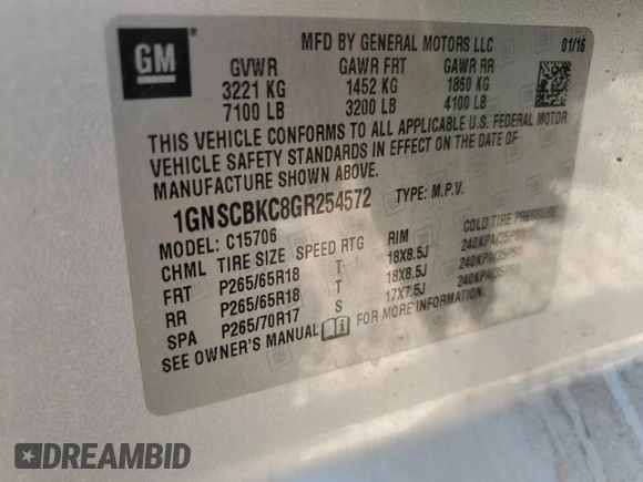 2016 Chevrolet Tahoe LT with VIN 1GNSCBKC8GR254572, listed as a Copart auction lot 57455235 with 139,400 mi miles and Clean title. Bid and sale history available at DreamBid. Image 14.