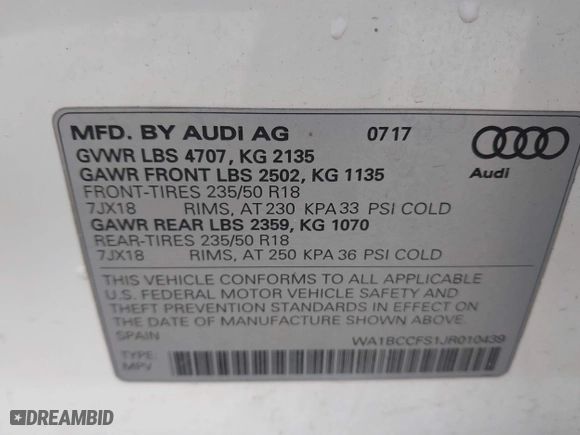 2018 Audi Q3 Premium with VIN WA1BCCFS1JR010439, listed as a IAAI auction lot 41641231 with 108,605 mi miles. Bid and sale history available at carsss.com. Image 9.