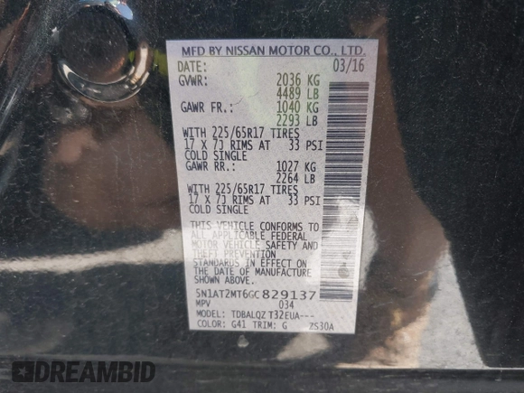 2016 Nissan Rogue SV with VIN 5N1AT2MT6GC829137, listed as a IAAI auction lot 42141620 with 143,279 mi miles. Bid and sale history available at carsss.com. Image 9.