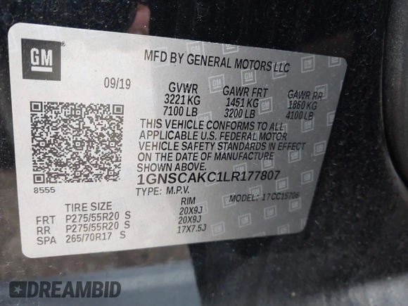2020 Chevrolet Tahoe LS z VIN 1GNSCAKC1LR177807, wystawiony jako IAAI lot #41482578 z przebiegiem 75 010 mil mil oraz . Historia ofert i sprzedaży dostępna na DreamBid. Obrazek 9.