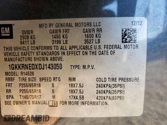 2013 GMC Acadia SLE with VIN 1GKKRNEDXDJ143050, listed as a Copart auction lot 87242434 with 135,086 mi miles and Clean Title. Bid and sale history available at carsss.com. Image 13.