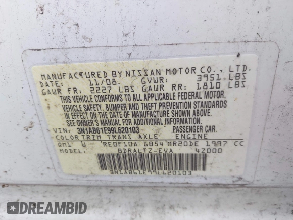 2009 Nissan Sentra FE+ with VIN 3N1AB61E99L620103, listed as a IAAI auction lot 42184276 with 122,066 mi miles and . Bid and sale history available at DreamBid. Image 9.