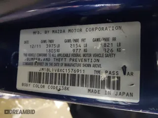 2012 Mazda Mazda3 i Touring with VIN JM1BL1V8XC1576911, listed as a IAAI auction lot 41641919 with NaN miles. Bid and sale history available at carsss.com. Image 9.