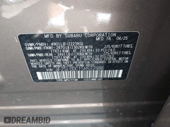2025 Subaru Forester Premium with VIN JF2SLDDC1SH572986, listed as a IAAI auction lot 42517134 with 313 mi miles and . Bid and sale history available at DreamBid. Image 9.