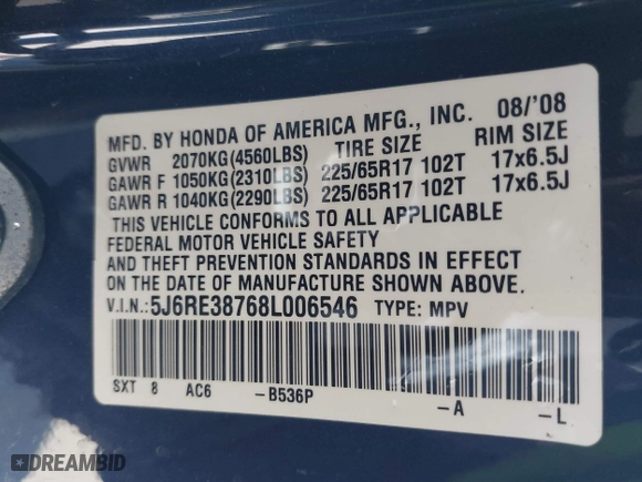 2008 Honda CR-V EX-L with VIN 5J6RE38768L006546, listed as a IAAI auction lot 41810539 with 204,086 mi miles. Bid and sale history available at carsss.com. Image 9.
