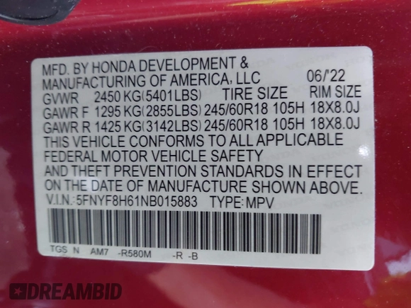 2022 Honda Passport TrailSport with VIN 5FNYF8H61NB015883, listed as a IAAI auction lot 40662061 with 19,212 mi miles and . Bid and sale history available at DreamBid. Image 9.
