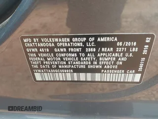 2016 Volkswagen Passat S with VIN 1VWAT7A30GC059925, listed as a IAAI auction lot 42291868 with 74,839 mi miles and . Bid and sale history available at DreamBid. Image 9.