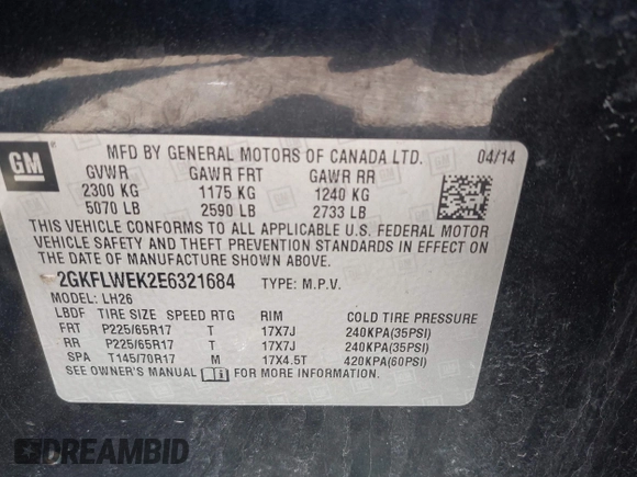 2014 GMC Terrain SLE with VIN 2GKFLWEK2E6321684, listed as a IAAI auction lot 42036961 with 181,787 mi miles. Bid and sale history available at carsss.com. Image 9.