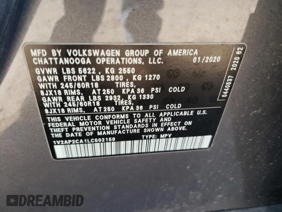 2020 Volkswagen Atlas S z VIN 1V2AP2CA1LC502159, wystawiony jako Copart lot #66649222 z przebiegiem 55 980 mil mil oraz . Historia ofert i sprzedaży dostępna na DreamBid. Obrazek 10.