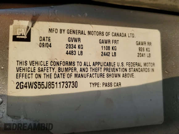 2005 Buick Century Custom with VIN 2G4WS55J851173730, listed as a Copart auction lot 76247284 with 0 mi miles and Salvage Title. Bid and sale history available at carsss.com. Image 13.