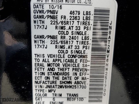2017 Nissan Rogue SL with VIN JN8AT2MV6HW251700, listed as a Copart auction lot 45478715 with 67,096 mi miles and Salvage Title. Bid and sale history available at carsss.com. Image 13.