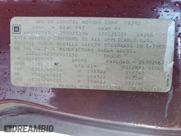1993 GMC Sonoma with VIN 1GTCS14Z3P8502132, listed as a Copart auction lot 79918234 with 203,741 mi miles and Salvage Title. Bid and sale history available at carsss.com. Image 12.