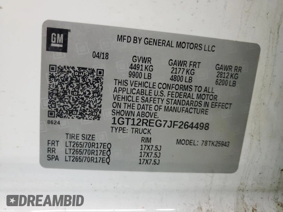 2018 GMC Sierra 2500HD z VIN 1GT12REG7JF264498, wystawiony jako Copart lot #82891494 z przebiegiem 206 152 mil mil oraz Szkoda całkowita • Salvage title. Historia ofert i sprzedaży dostępna na DreamBid. Obrazek 12.
